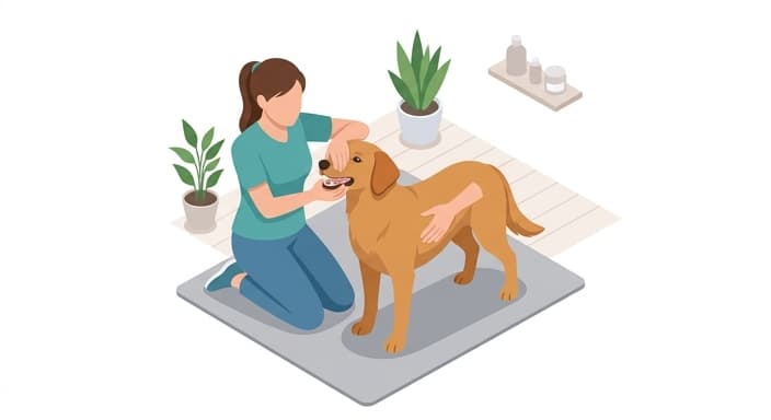 A caregiver performs a quick home wellness check on a dog, inspecting ears, teeth, skin, and body condition.