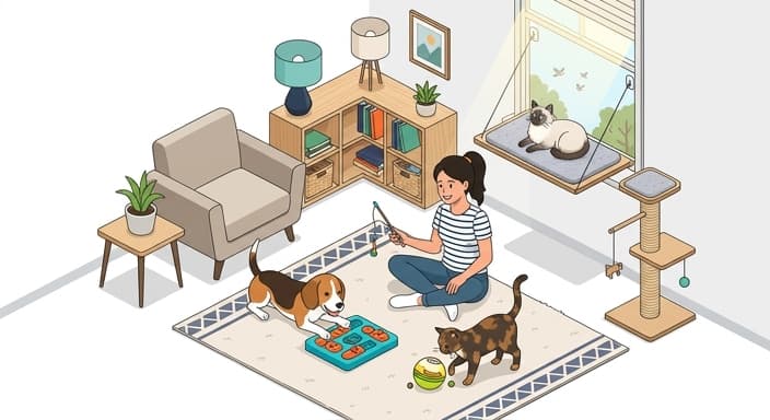 A pet enjoys environmental enrichment with interactive toys and playtime to support mental and physical health.