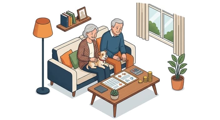 A senior owner reviews a pet insurance plan at home, considering higher deductibles to reduce monthly costs.