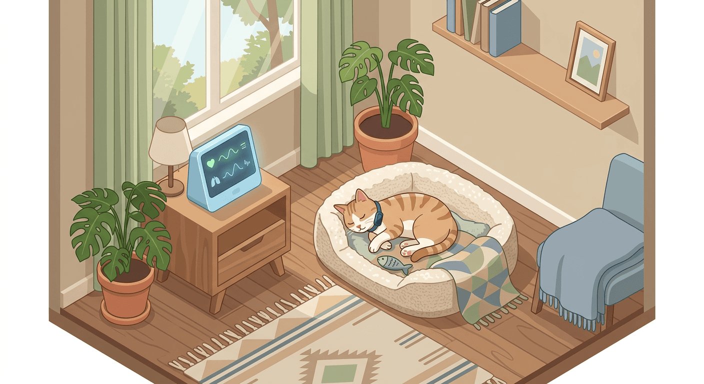 A senior pet rests at home in its bed, wearing a wearable that feeds real-time vital-sign data to a bedside monitor.