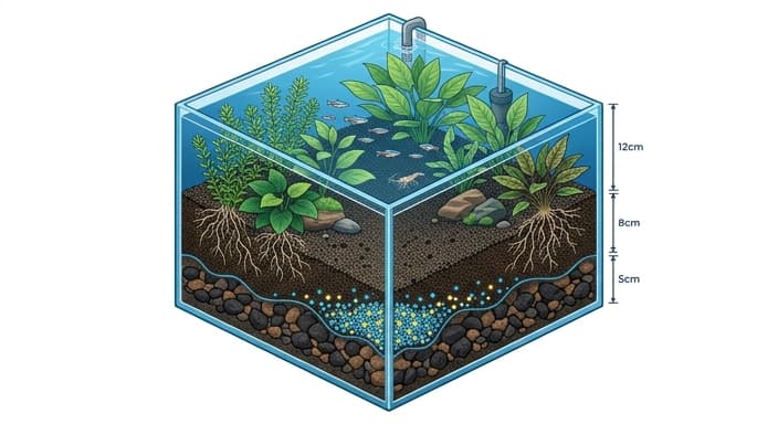 A cross-section view of a planted tank substrate showing nutrient-rich, porous layers supporting roots and beneficial bacteria.