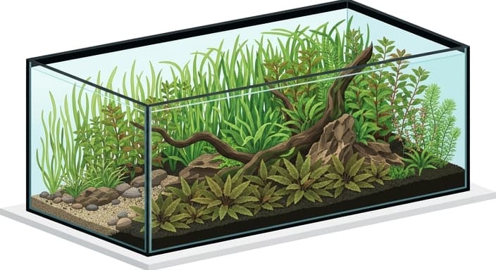 A tidy planted tank with hardy foreground and background species, illustrating balanced plant selection.