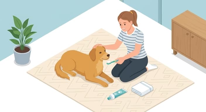 A caregiver gently introduces brushing to a calm dog as part of a low-stress dental routine.