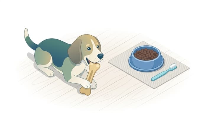 A dog enjoying a dental chew while a kibble bowl and toothbrush sit nearby, showing chewing as part of at-home oral care.