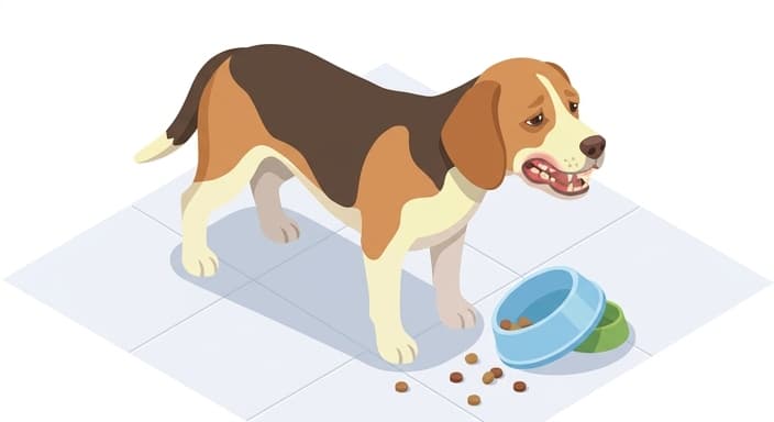Dog with signs of dental problems, including red gums and dropped kibble, illustrating why monitoring breath and chewing comfort matters.