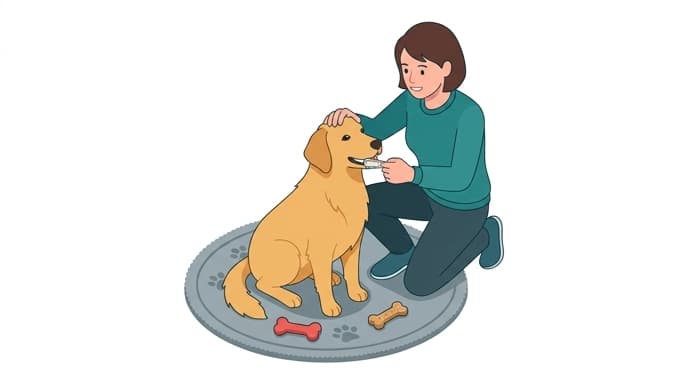 A dog-friendly at-home dental brushing session using a finger brush or gauze with pet-safe toothpaste.