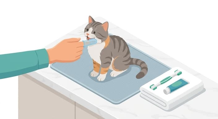 A home dental care setup showing brushing with a silicone finger brush beside a pet-specific toothbrush.