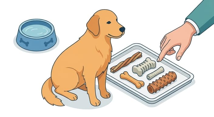 A supervised at-home dental chew setup showing safe chews to use alongside brushing.