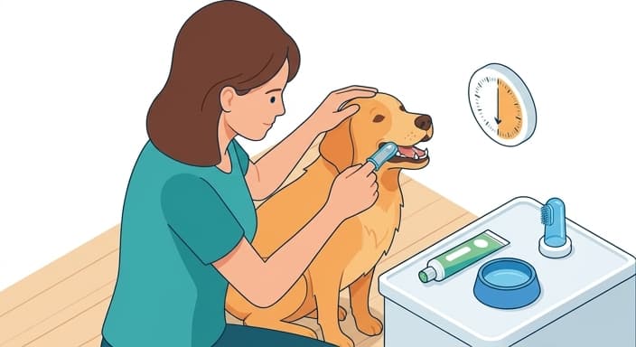 A caregiver gently brushing a dog's upper teeth at home, emphasizing a calm, 30-second routine.