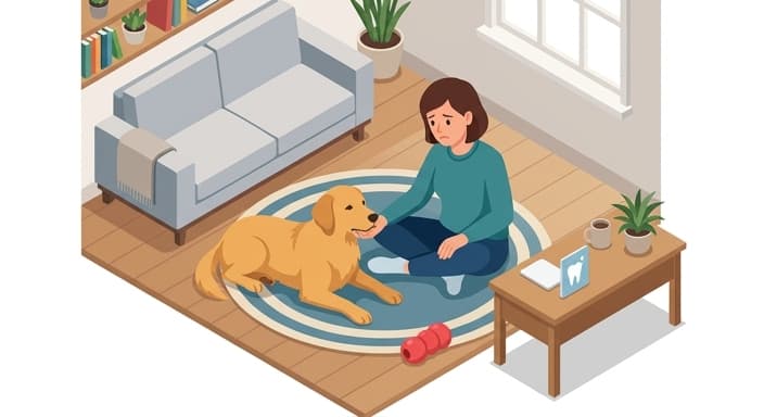 A dog shows signs of mouth discomfort at home, prompting consideration of professional dental care.