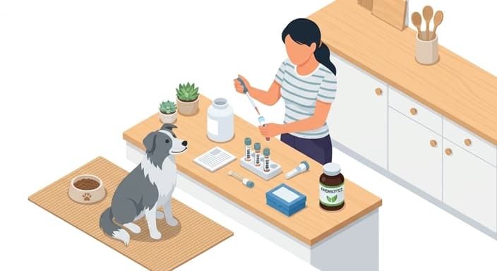 A caregiver performs an at-home gut health test beside a curious pet, showing how results guide dietary adjustments.