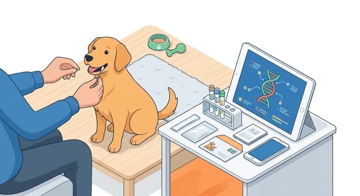 A home genetic health test setup with a pet and a tablet showing a stylized DNA helix, illustrating at-home hereditary screening.