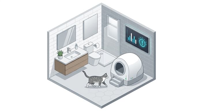 Cat uses an automatic litter box while a monitor hints at early pattern detection.
