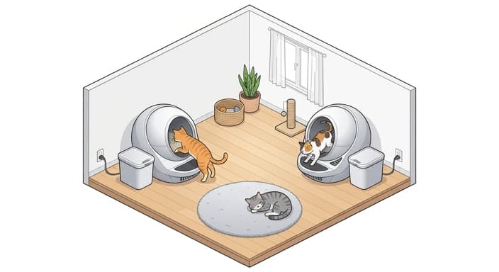 Two litter boxes in a quiet corner of a multi-cat home with cats using them.
