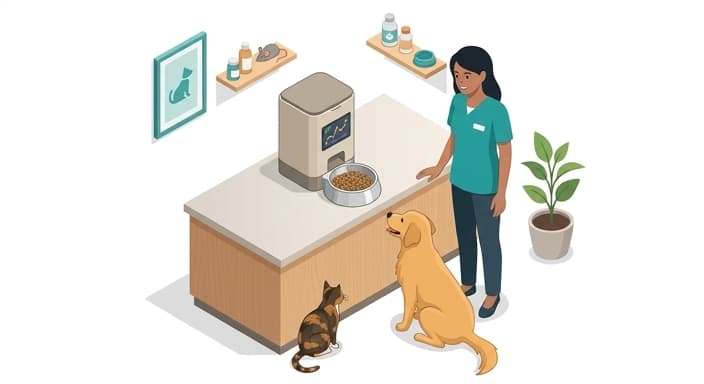 An automatic pet feeder in a clinic/home setting with a waiting dog and cat, illustrating steady, monitored feeding.