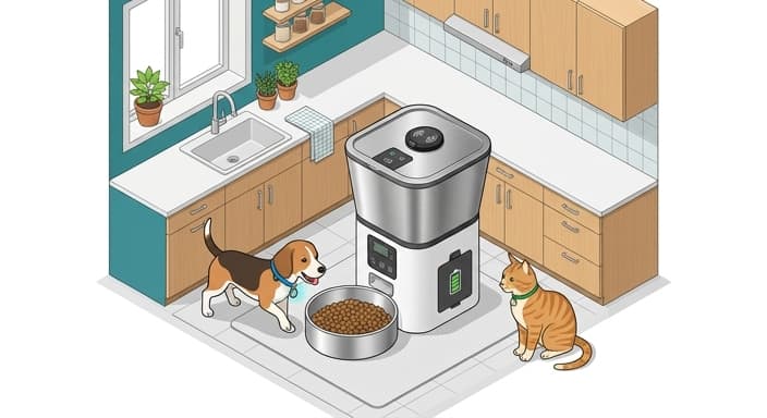 Home scene showing a collar-tag-enabled feeder with a stainless steel bowl and backup power, signaling secure, individualized feeding for multiple pets.
