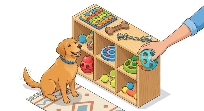 A dog near a toy library shelf demonstrates rotating enrichment toys to keep activities fresh.