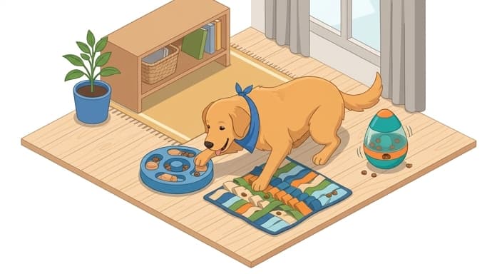 A dog explores enrichment toys, illustrating sniffing and problem-solving as a form of mental enrichment.