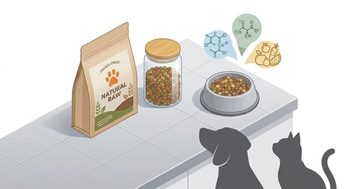 A clean display of freeze-dried raw pet food with pellets and a serving bowl, illustrating preserved nutrients and convenient use.