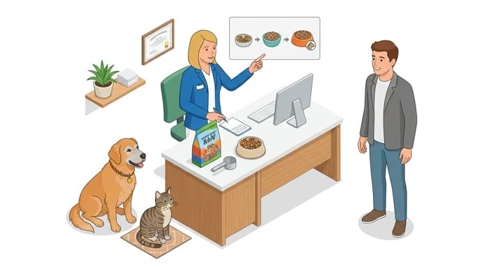 Vet-guided transition scene with pets and caregiver planning a gradual shift to freeze-dried raw food.
