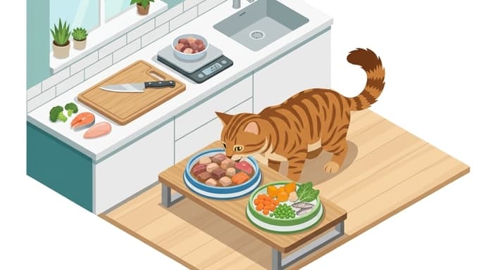 Cat enjoying a fresh, minimally processed meal with neatly arranged ingredients.