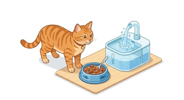 Cat beside a hydration-focused feeding setup, highlighting wet food and water to support urinary health.