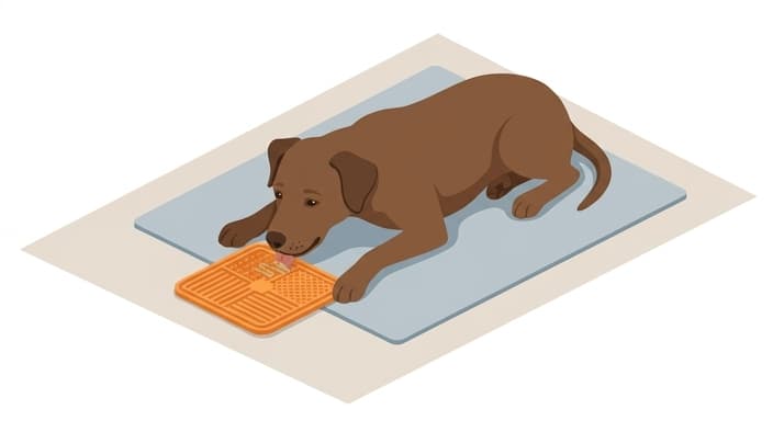 A dog calmly focused on a silicone lick mat with a treat.