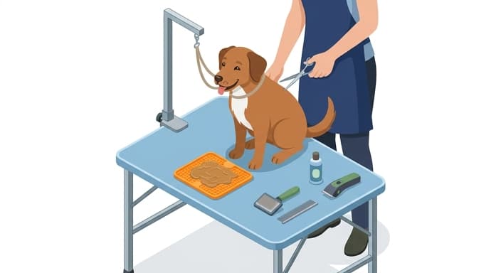 A calm dog on a grooming table with a lick mat nearby to aid for grooming.
