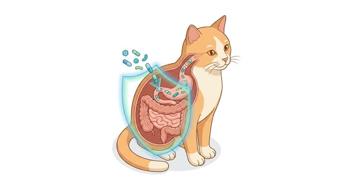 Senior cat with a healthy gut scene illustrating probiotic support for immunity.