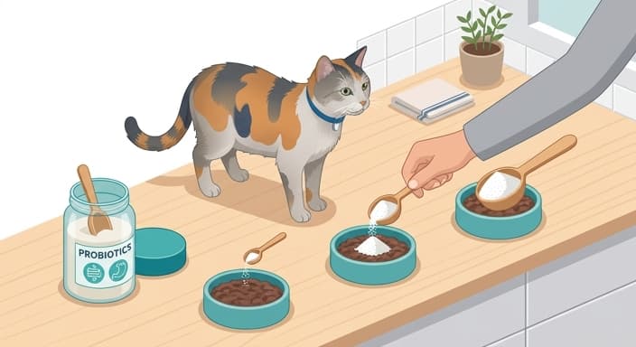 Cat ready for a daily probiotic routine with gradually increasing doses mixed into wet food.