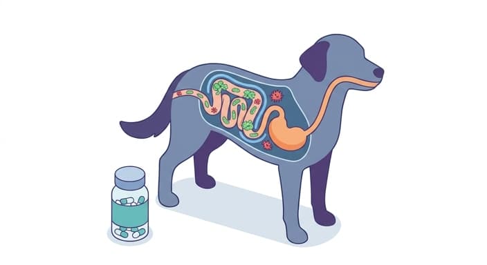 Illustration showing a pet's gut with beneficial probiotic bacteria crowding out harmful microbes to restore balance.