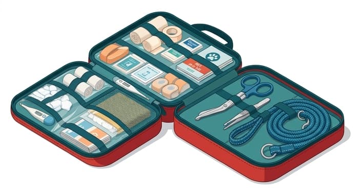 First-aid tools in a kit, including scissors, tweezers, and a spare slip-leash, arranged for quick access.