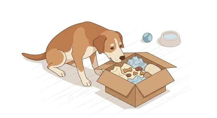 A dog explores a sniff box filled with paper and hidden treats, signaling a shift toward calm through nose work.