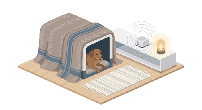 A crate-covered corner provides a burrow-like, calm space for an anxious dog.
