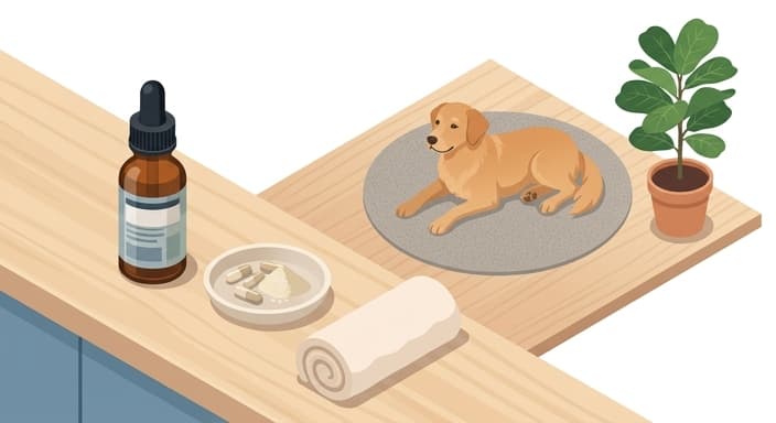 A calm dog rests beside a small supplement setup, illustrating how adaptogens fit into a daily pet wellness routine.