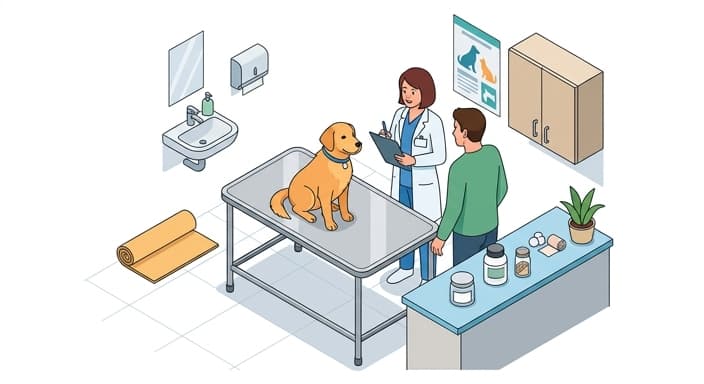 A veterinarian reviews safety considerations with a dog during a checkup, emphasizing professional guidance when using adaptogens.