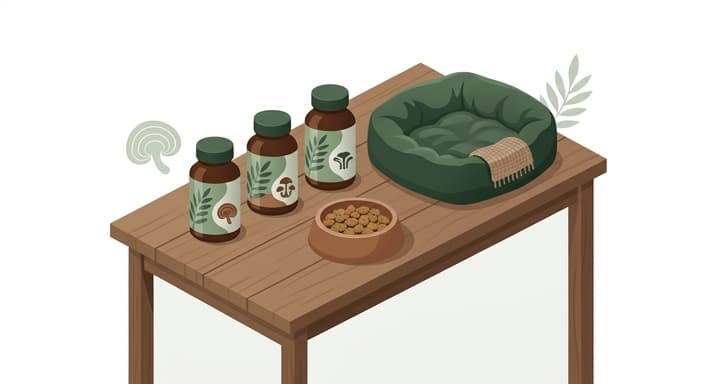 Calm dog rests near a simple display of veterinary-formulated adaptogen bottles, illustrating a thoughtful product setup for calming routines.