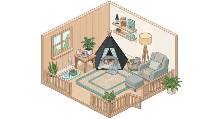 Cozy pet den tucked into a quiet living room corner demonstrates the safe-zone concept for anxious pets.