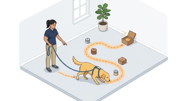 A dog focuses on a scent-tracking enrichment task as a trainer cues the hunt.