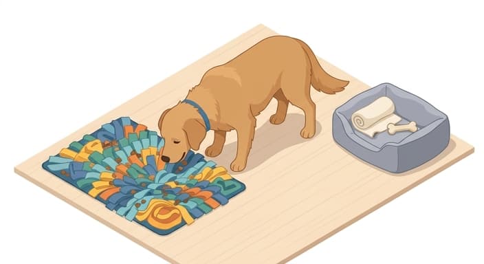 A dog sniffing through a snuffle mat, engaging in a low-arousal foraging activity.