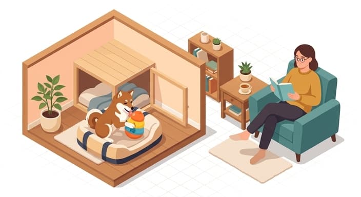 The dog rests in a safe zone with a puzzle toy, illustrating calming enrichment during separation.