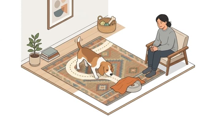 A dog engages in an olfactory enrichment game, sniffing a scent trail to find a hidden treat.