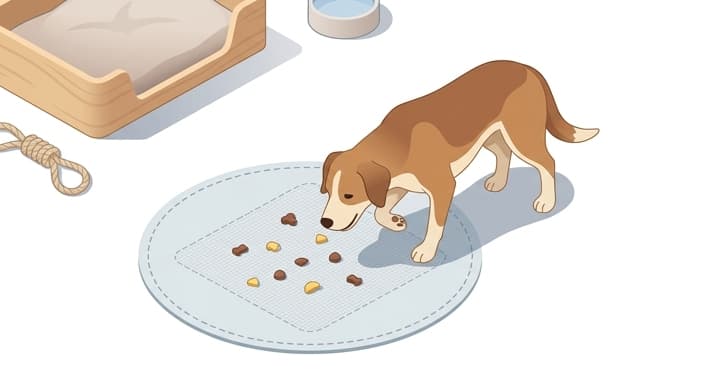 A calm dog forages for high-value treats in a designated area, illustrating a shift to a problem-solving, soothing state.