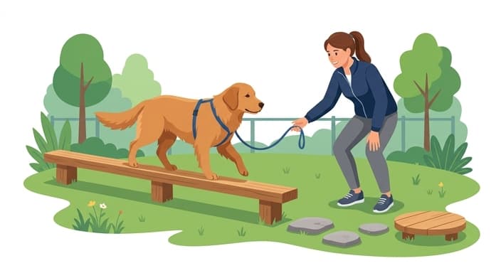 A dog practicing deliberate paw placement on a simple course with a trainer, illustrating body confidence-building enrichment.