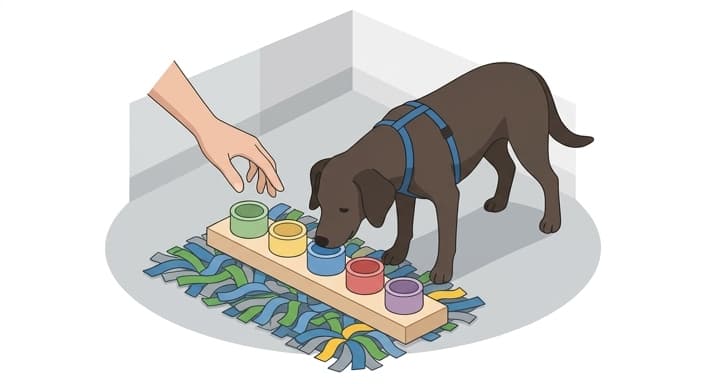 A dog engages in a scent-based enrichment game to help slow breathing and regulate stress.