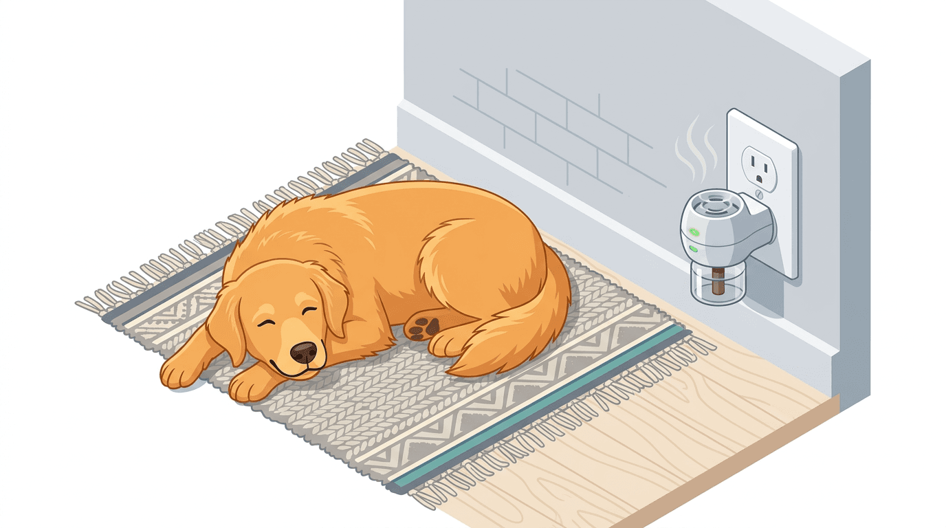 A peaceful Golden Retriever benefiting from a pheromone diffuser in a minimalist home.
