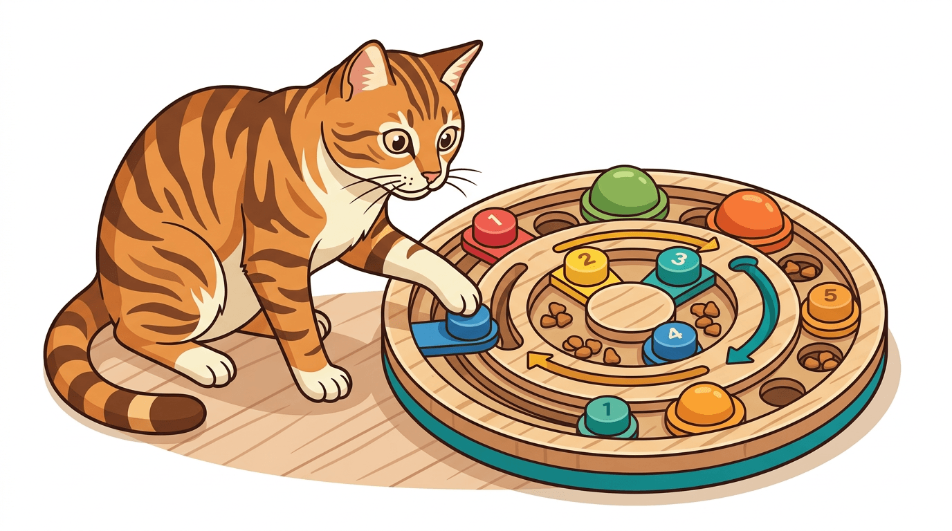 A Tabby cat utilizing a puzzle feeder for mental stimulation and anxiety relief.
