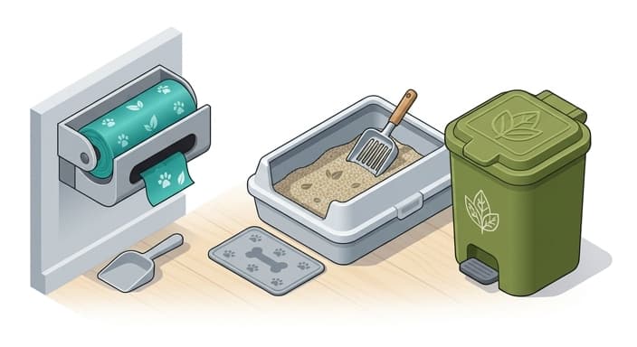 A tidy scene highlighting sustainable waste practices with biodegradable bags and compostable litter.