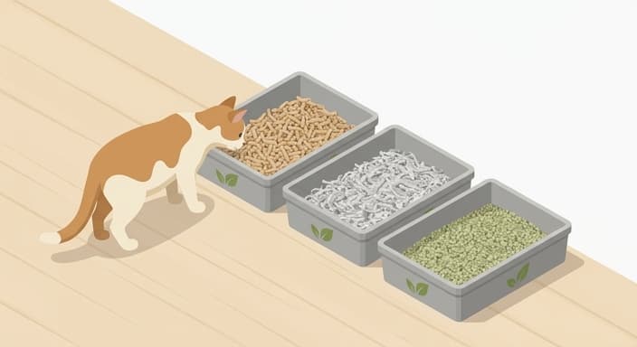 A cat inspects eco-friendly litter options (wood-based, paper-based, and plant-based) arranged for sustainability comparison.