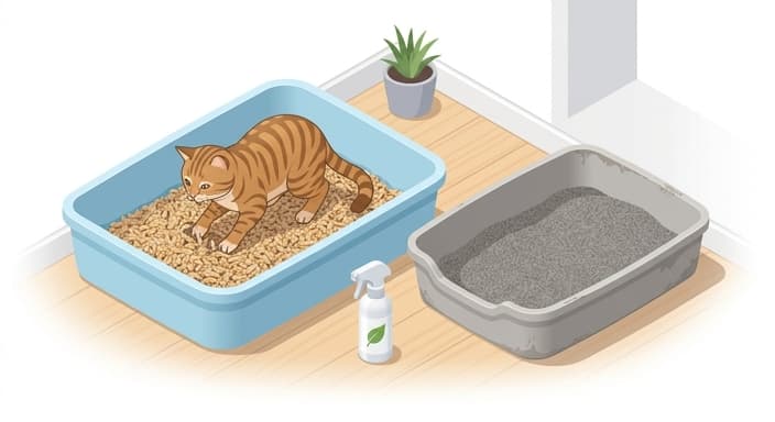A cat explores a new sustainable litter setup with a pheromone spray nearby to aid the transition.